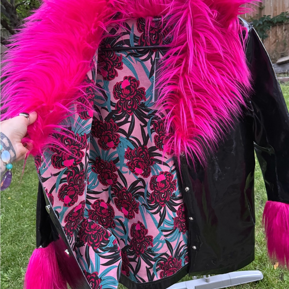 iHeartRaves Black Patent Jacket with Hot Pink Faux Fur Trim